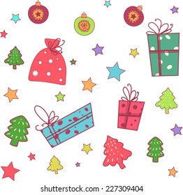 Set of cartoon items for the New year and Christmas: gifts, bag of gifts, stars, Christmas trees and Christmas decorations
