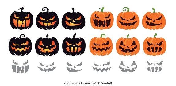 Set of cartoon jack-o'-lantern faces in black and orange pumpkins. Glowing expressions for Halloween decorations, stickers, or party graphics.