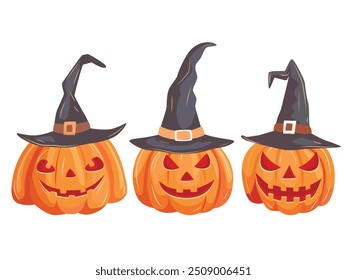 Conjunto de desenhos animados jack-o-lantern halloween abóbora usando chapéu de bruxa isolados. Halloween cartaz impressão design vetor ilustração