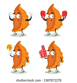 set of cartoon japanese dumpling roasted gyoza character mascot on white background