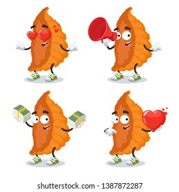 set of cartoon japanese dumpling roasted gyoza character mascot on white background