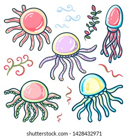 Set of cartoon jellyfish. Marine life.  Vector illustration.