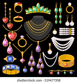 Set of cartoon jewelry accessories vector fashion beauty precious gem design. Earrings, rings, beads 