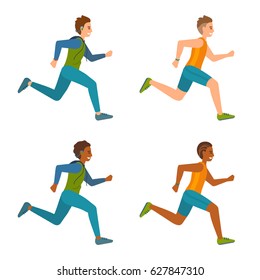 Set of cartoon jogging men. Running boys with wireless earphones and player. Enjoying sport. Vector illustration isolated on white.