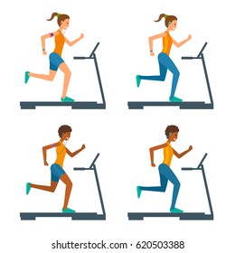 Set of cartoon jogging on running track women. Running on treadmill girls with wireless earphones and player. Enjoying sport in the gym, at home. Vector illustration isolated on white.