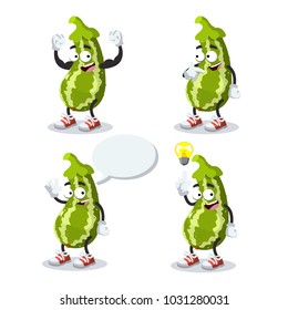 set of cartoon joyful zucchini mascot on white background