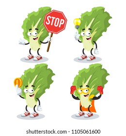 set of cartoon kale leaf mascot on white background