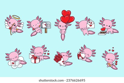 Set von Cartoon Kawaii Axolotl Illustrationen in Liebe. Kollektion von Cute Vector Isolated Baby Axolotl Illustrationen. Cute Vektortiere in Liebe. 