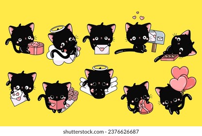 Set of Cartoon Kawaii Cat Illustrations in Love. Collection of Cute Vector Isolated Baby Animal Illustrations. Cute Vector Kitten in Love. 