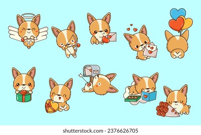 Set of Cartoon Kawaii Corgi Dog Illustrations in Love. Collection of Cute Vector Isolated Baby Dog Illustrations. Cute Vector Puppy in Love.