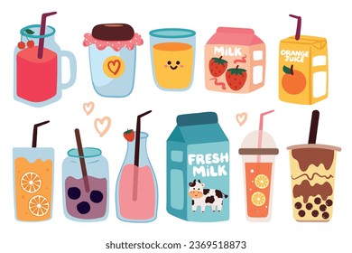 set of cartoon kawaii drink element sticker. cute doodle collection