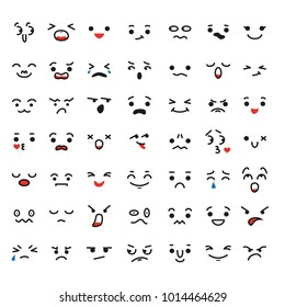 Set of cartoon kawaii faces, different emotions. Vector illustration.