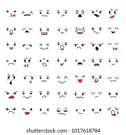 Set of cartoon kawaii faces, different emotions. Vector illustration.