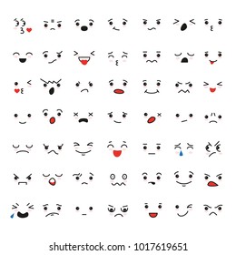 Set of cartoon kawaii faces, different emotions. Vector illustration.