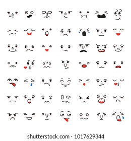 Set of cartoon kawaii faces, different emotions. Vector illustration.