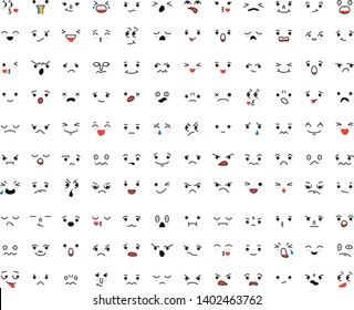 Set of cartoon kawaii faces, different emotions. Vector illustration.