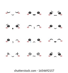 Set of cartoon kawaii faces, different emotions. Vector illustration.