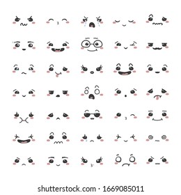 Set of cartoon kawaii faces, different emotions. Vector illustration.