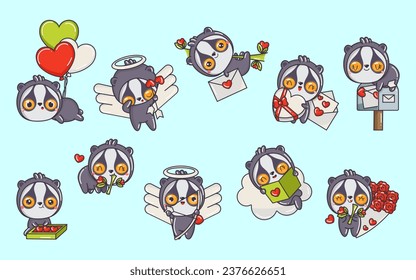 Set of Cartoon Kawaii Loris Illustrations in Love. Collection of Cute Vector Isolated Baby Animal Illustrations. Cute Vector Animals in Love. 