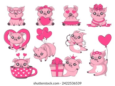 Set of cartoon kawaii pigs in love. Cute animals for Valentine's Day.