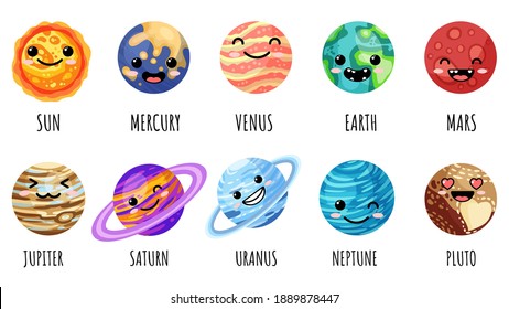 Set of cartoon kawaii planets, stars and satellites. Cosmos theme collection of anime faces. Solar system outer space planets children icons. Vector stock images
