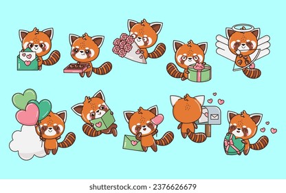 Set of Cartoon Kawaii Red Panda Illustrations in Love. Collection of Cute Vector Isolated Baby Red Panda Illustrations. Cute Vector Animals in Love. 