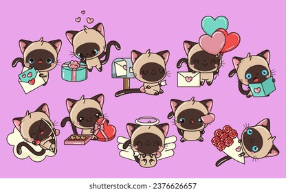 Set of Cartoon Kawaii Siamese Cat Illustrations in Love. Collection of Cute Vector Isolated Baby Cat Illustrations. Cute Vector Animals in Love. 