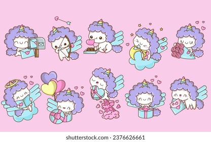 Set of Cartoon Kawaii Unicorn Illustrations in Love. Collection of Cute Vector Isolated Baby Unicorn Illustrations. Cute Vector Animals in Love. 