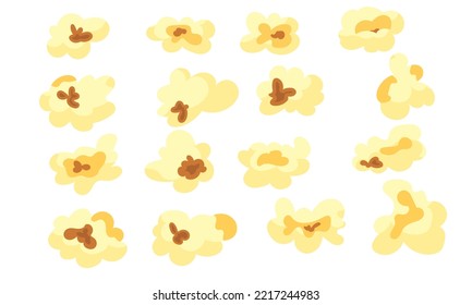 Set cartoon kernels popcorn and pop corn snack. Collection tasty icon grain maize and salty eat. Caramel sweetcorn for movie and isolated single nutrition. Closeup fluffy treat vector illustration