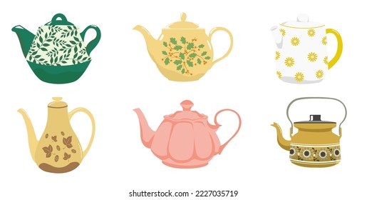 conjunto de hervidores de dibujos animados. utensilios domésticos, utensilios de cocina y una tetera con colección vectorial de spout