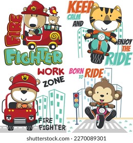 Set of cartoon kid animal activity. Bear the fire fighter. Tiger riding a scooter. Monkey riding a motorbike. Isolated objects on white background. Concept for children print.