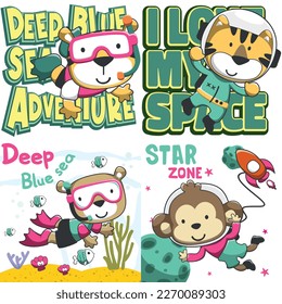 Set of cartoon kid animal activity. tiger and bear diving undersea. Astronaut tiger and monkey in space Isolated objects on white background. Concept for children print.