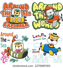 Set of cartoon kid animal activity. monkey and tiger pilot flying on a plane. cute tiger sailing with submarine Isolated objects on white background. Concept for children print.