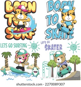 Set of cartoon kid animal activity. Tiger and bear surfer and skateboarder. Cartoon Isolated objects on white background. Concept for children print.