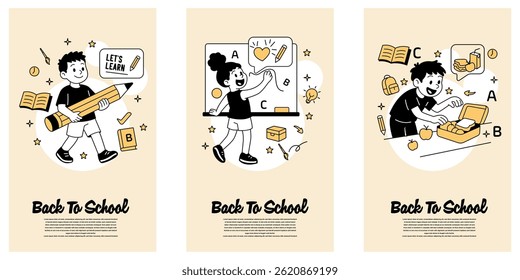 Set of cartoon kids back to school: a boy holding a giant pencil, a girl drawing on a whiteboard, and a boy packing a school lunch. Flat vector style for education themes.