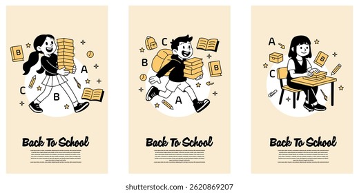 Conjunto de crianças de desenhos animados de volta à escola: uma menina carregando livros, um menino correndo com uma mochila e uma menina sentada em uma mesa com novos suprimentos. Estilo de vetor plano para temas de educação.