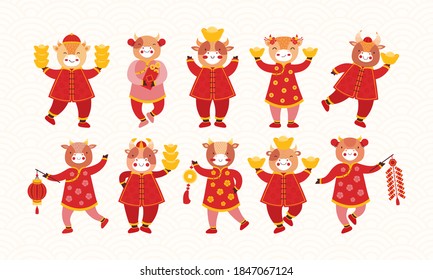 Set of cartoon kids bulls in red traditional Chinese clothes and with new years symbols of good luck. Chinese new year ox. Festive firecracker, paper flashlight, gold ingot, coins, envelope with money