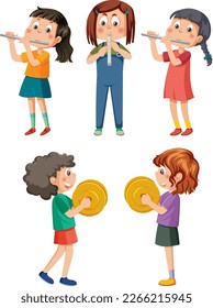 Set of cartoon kids character with music instruments illustration