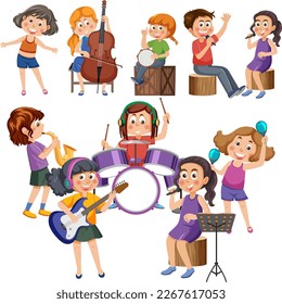 Set of cartoon kids character with music instruments illustration