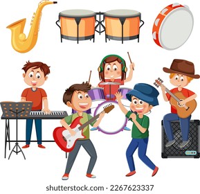 Set of cartoon kids character with music instruments illustration