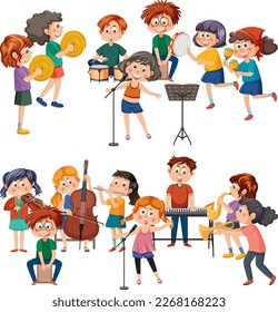 Set of cartoon kids character with music instruments illustration