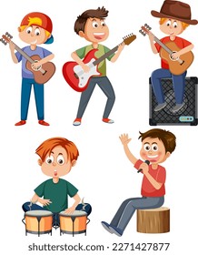 Set of cartoon kids character with music instruments illustration
