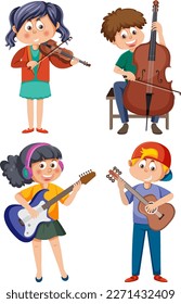 Set of cartoon kids character with music instruments illustration