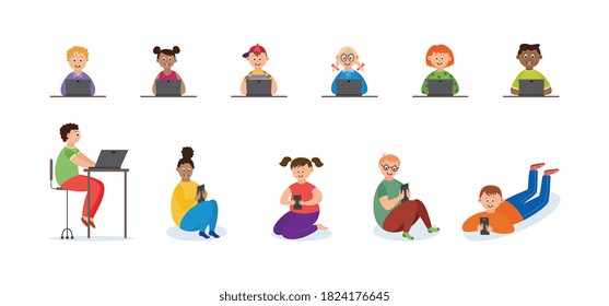 Set of cartoon kids characters with laptops and mobile phones use multimedia resources on Internet, study remotely, or communicate in social networks online. Vector flat illustration