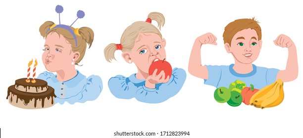 Set of cartoon kids eating fruits, vegetables and cake. Blonde girl eating an apple, boy showing his biceps, brown haired kid blowing out candles. Vectors