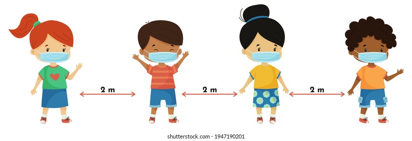 Set of cartoon kids with face masks, Covid-19 disease prevention concept. Social distance. Children going to school or kindergarten. Boys and girls isolated on white background vector illustration.