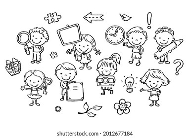 Set of cartoon kids holding different objects, outline illustration