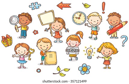 Set of cartoon kids holding different objects