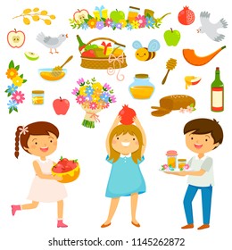 Set Of Cartoon Kids And Icons For Rosh Hashana