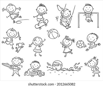 Set Of Cartoon Kids Outdoor Activities, Sports And Games, Outline Illustration